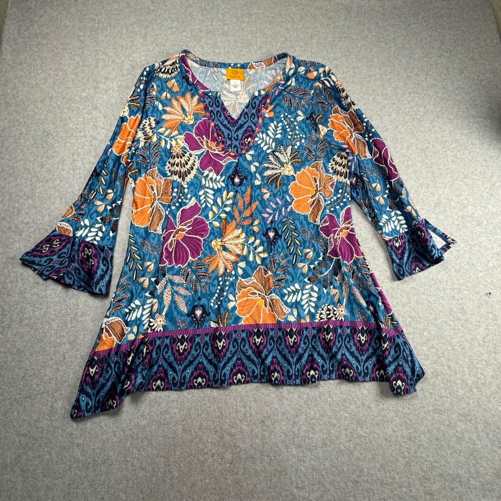 Ruby Rd Womens Floral Ikat Sharkbite Tunic Top Blue Purple Orange Large